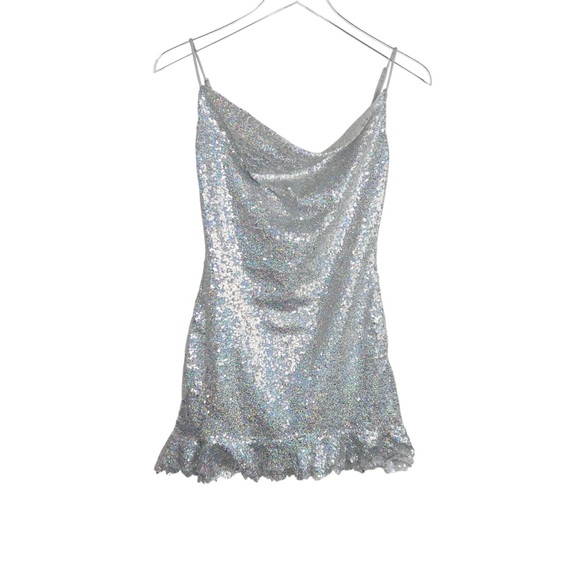 Lucy in the Sky Josie Iridescent Sequin Slip Dress Silver - Picture 1 of 14